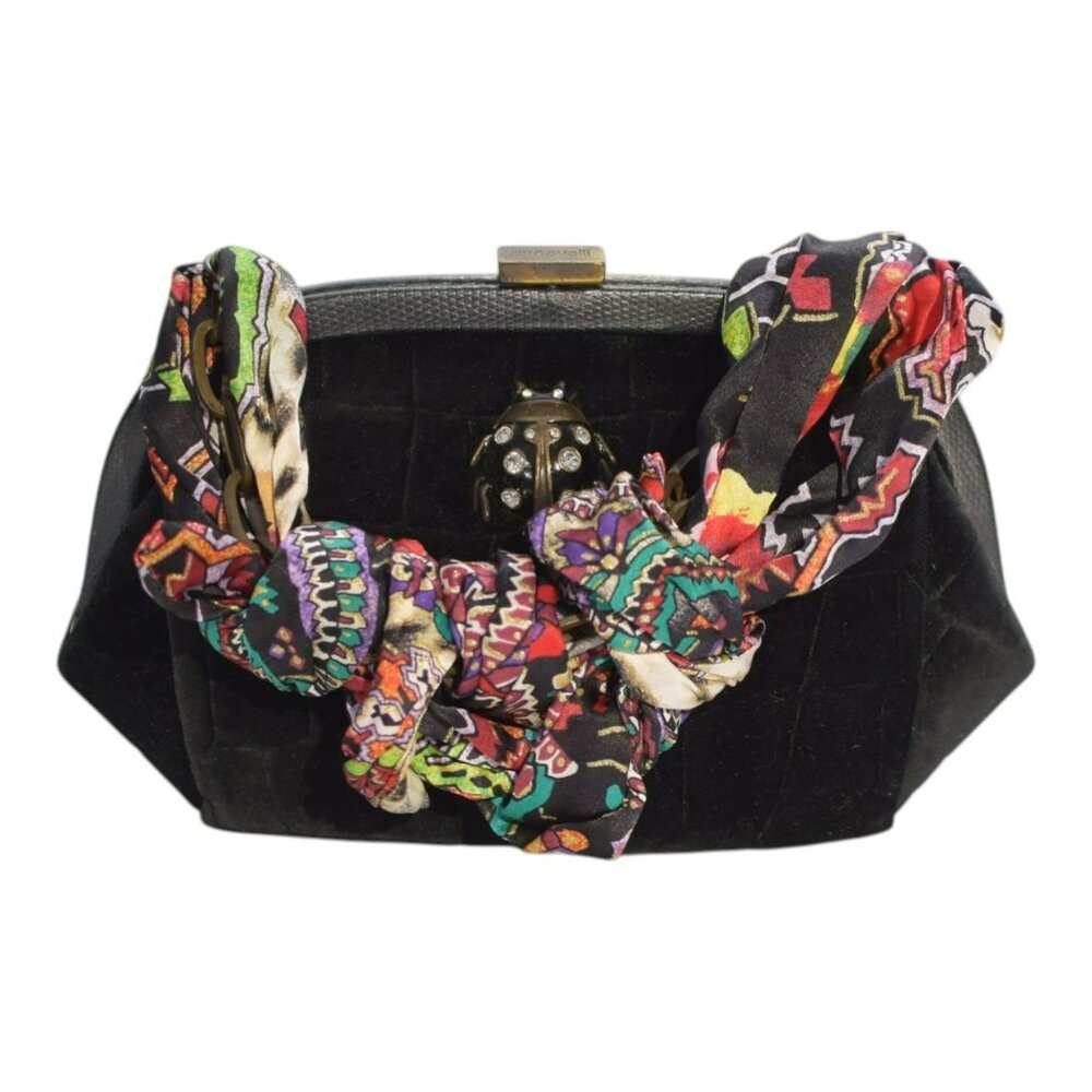 Just Cavalli Black Velvet Clutch Bag Crystal Ladybug Frame Bag  Scarf Handle